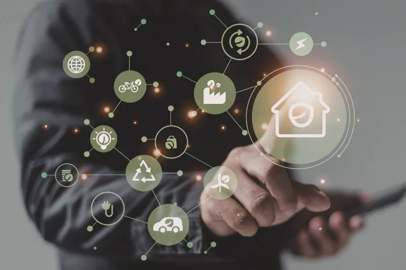 Rete IoT aziendale con dispositivi connessi, sensori e dati digitali per monitoraggio e automazione